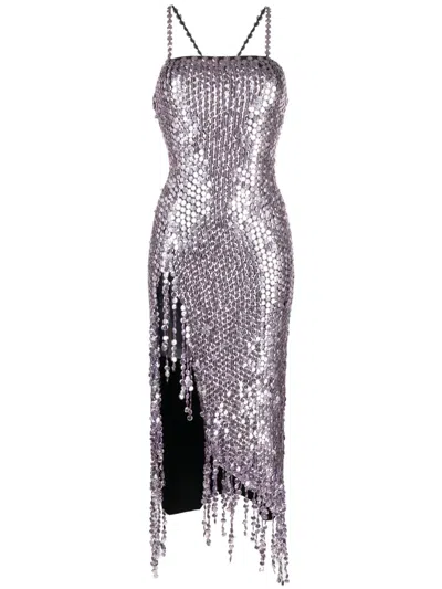 Attico Avery Embellished Square Neck Fringe Dress In Lavender