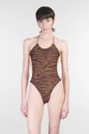 Attico Green Swimsuit With Halterneck With Tie And All-over Print In Tech Fabric Stretch Woman