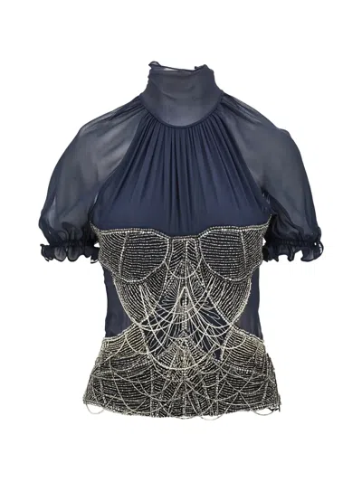 Attico Silk Beaded High Neck Short Sleeve Blouse In Black