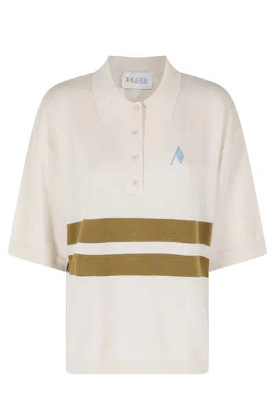 Attico Beige Striped-inserts Embroidered-logo Cotton Polo Shirt In White
