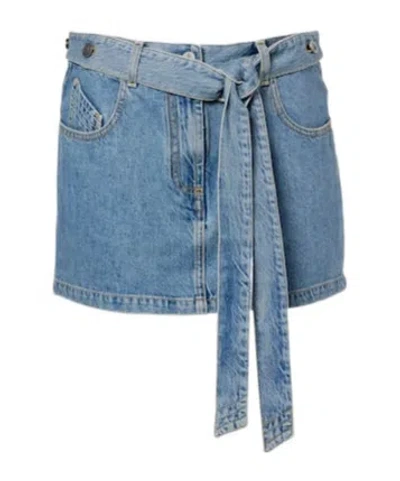 Attico Belted Denim Miniskirt In Blue