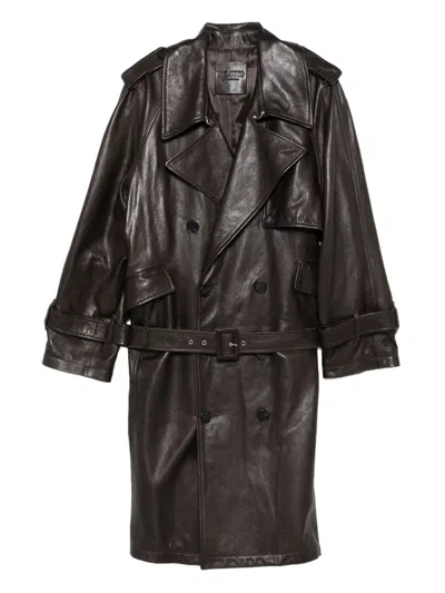 Attico Belted Double-breasted Leather Coat In Brown