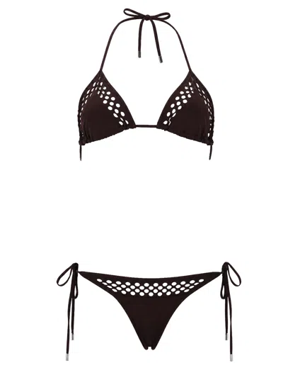 Attico Bikini "il Primo Bagno" In Lycra Traforata In Brown