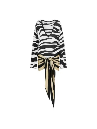 Attico Zebra V Neck Mini Dress In White & Black