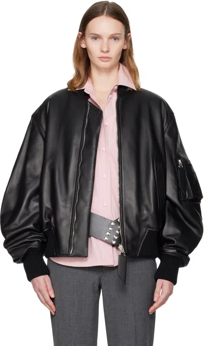 Attico Black Anja Leather Bomber Jacket
