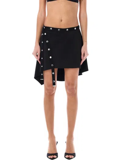 Attico Black Asymmetric Mini Skirt With Logo Snaps