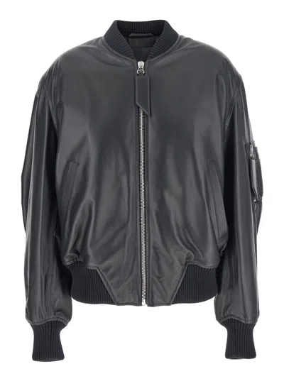 ATTICO BLACK BOMBER JACKET WITH ZIP CLOSURE IN LEATHER WOMAN