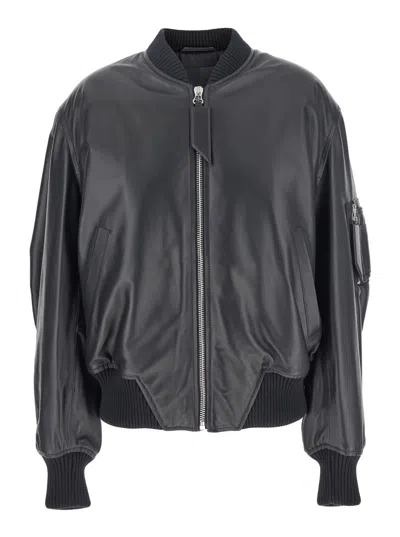 ATTICO BLACK BOMBER JACKET WITH ZIP CLOSURE IN LEATHER WOMAN