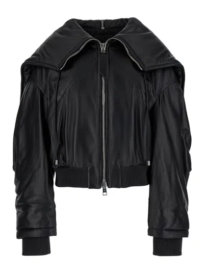 Attico Black Bomber Jacket With Zipped Oversized Hood