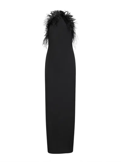 Attico Black Cady Long Dress With Ostrich Feathers