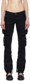 Attico Dark Wash Cargo Jeans With Logoed Buttons 15cm In Black