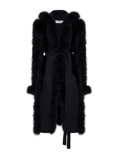 Attico Black Knit And Feathers Long Belted Cardigan In Multi