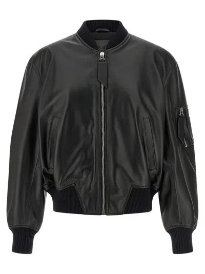 Attico Black Leather Bomber Jacket In Animal Print