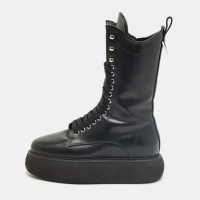 Pre-owned Attico Black Leather Selene Mid Calf Boots Size 37.5