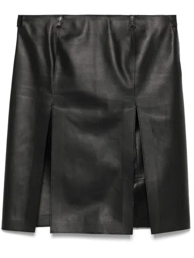 Attico Black Leather Skirt With Front Slits