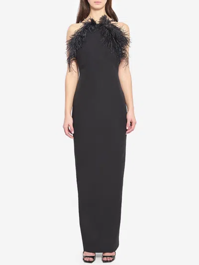 Attico Long Dress Cady Ostrich Feathers Detail In Brown