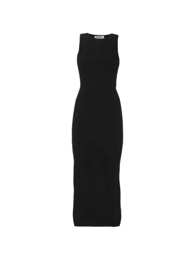 Attico Fitted Midi Dress With Crew Neckline And Vertical Profiles In Black