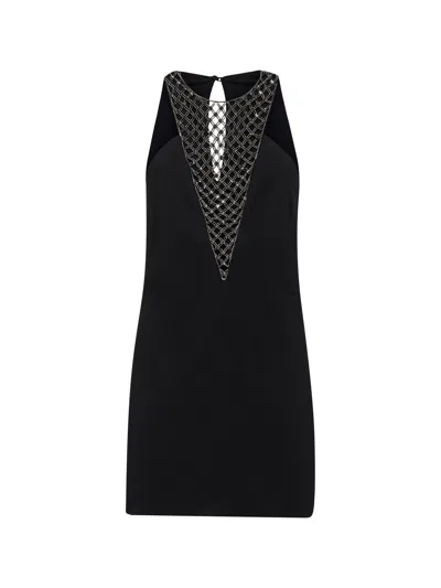 ATTICO BLACK SABLÈ MINI DRESS WITH EMBROIDERED NECKLINE