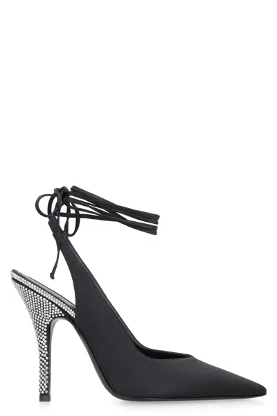 ATTICO BLACK SATIN SLINGBACK PUMPS WITH RHINESTONE-COVERED HEEL AND KNOTTED ANKLE LACE FOR WOMEN