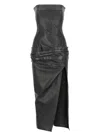 Attico Black Sleeveless Off-shoulder Midi Dress With Front Single Slit And Ruched Waist In Leather Woman In Black