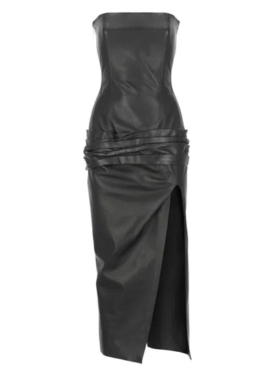Attico Black Sleeveless Off-shoulder Midi Dress With Front Single Slit And Ruched Waist