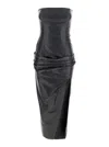 Attico Black Sleeveless Off-shoulder Midi Dress With Front Single Slit And Ruched Waist In Leather Woman In Black