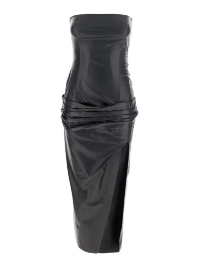 ATTICO BLACK SLEEVELESS OFF-SHOULDER MIDI DRESS WITH FRONT SINGLE SLIT AND RUCHED WAIST IN LEATHER WOMAN