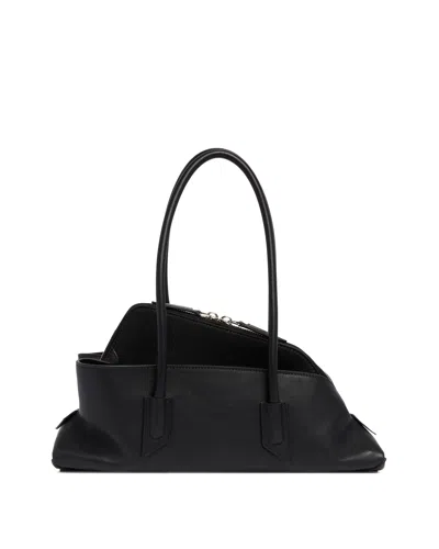 Attico La Passeggiata Small Black Shoulder Bag With Tubular Handles And Impressed Logo On The Front In Leat