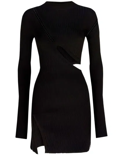 Attico Black Stretch Viscose Mini Dress With Oblique Cuts And Embroidered Label