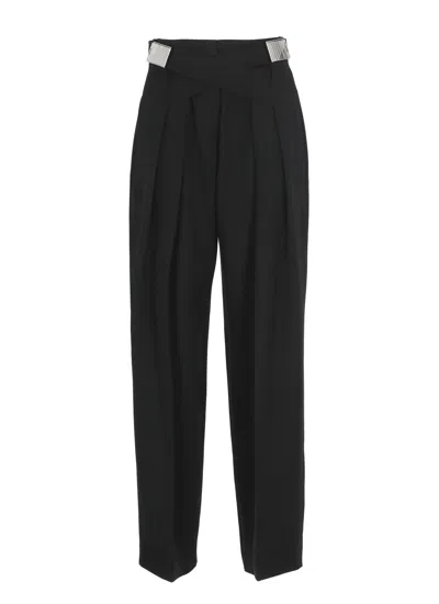 Attico Black Virgin Wool Belted Palazzo Pants