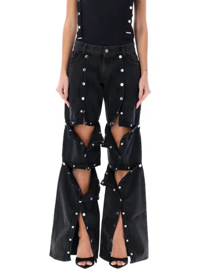 Attico Black Wide Leg Jeans With Trim Details And Logo Snaps