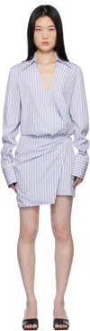 Attico Mini Striped Dress With V-neck, Long Sleeves, White And Navy Blue Cotton, Tied Waist In 870 Blue
