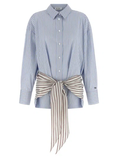 Attico Belted Striped Cotton-poplin Mini Dress In Blue