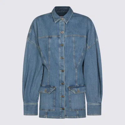 Attico Denim Mini Dress Front Pockets Long Sleeves In Blue