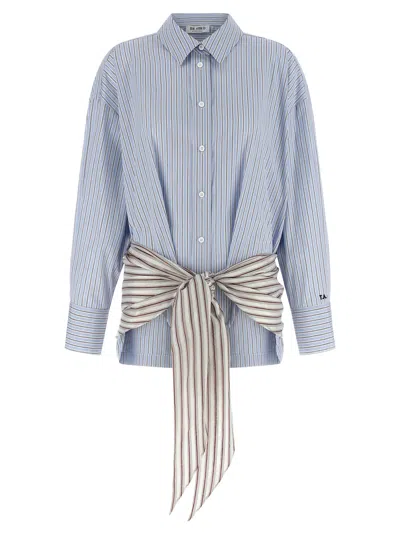 Attico Belted Striped Cotton-poplin Mini Dress In Blue