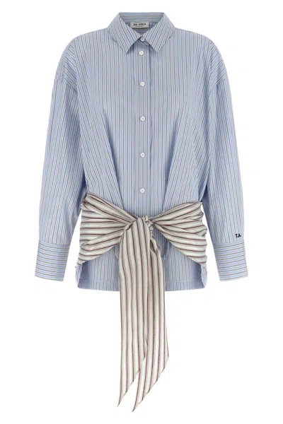 Attico Belted Striped Cotton-poplin Mini Dress In Blue