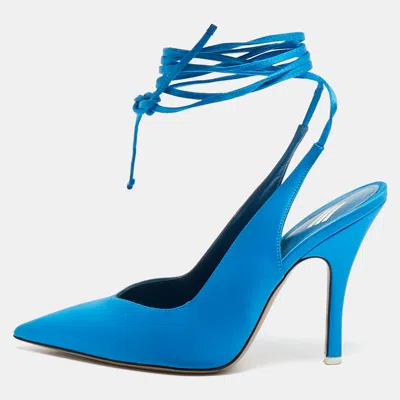 Pre-owned Attico Blue Satin Pointed Toe Ankle Wrap Pumps Size 37.5