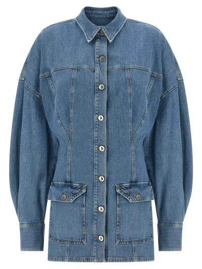 Attico Denim Mini Dress Front Pockets Long Sleeves In Blue