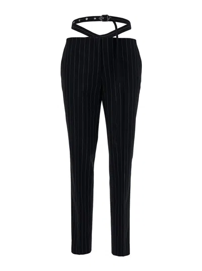 ATTICO BLUE SLIM PINSTRIPE PANTS WITH BELT IN VISCOSE BLEND WOMAN