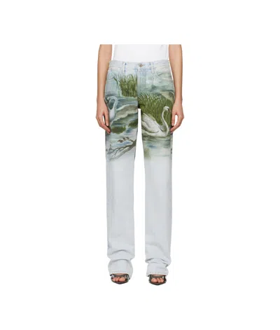 Attico Blue Swan Print Jeans In 024 Sky Blue