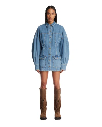 Attico Denim Mini Dress Front Pockets Long Sleeves In Blue