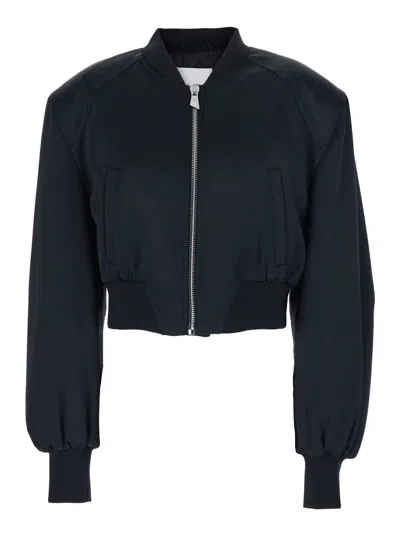 Attico Black Cropped Bomber Jacket With Tonal Logo Lettering Embroidery On The Front In Viscose Woman