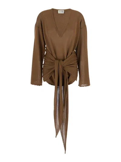 Attico Brown Asymmetric Mini Dress With V Neck And Semi Sheer Design In Viscose Woman