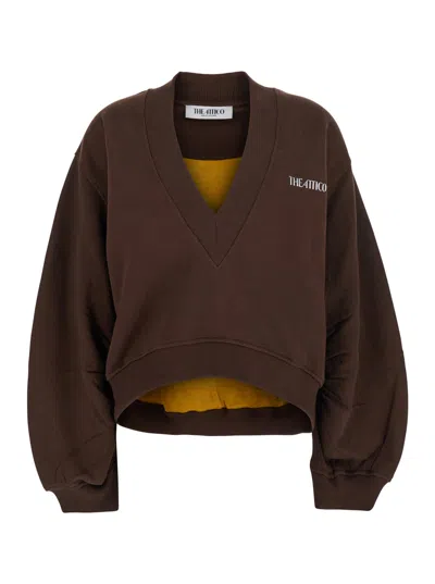 ATTICO BROWN CROPPED SWEATSHIRT WITH V NECK AND LOGO LETTERING ON THE FRONT IN COTTON WOMAN