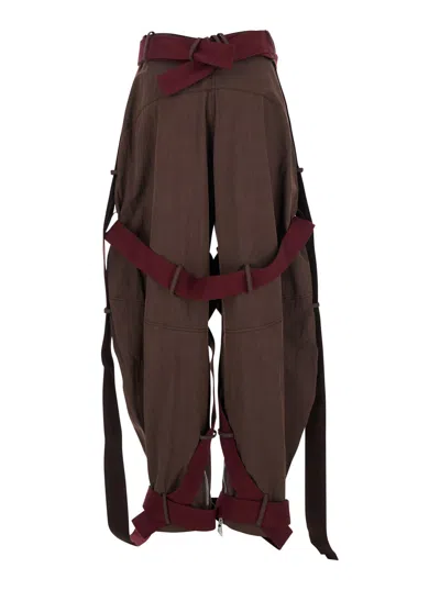 ATTICO BROWN PANTS WITH SIDE ZIP POCKETS AND ALL-OVER APPLIED BANDS IN COTTON BLEND WOMAN