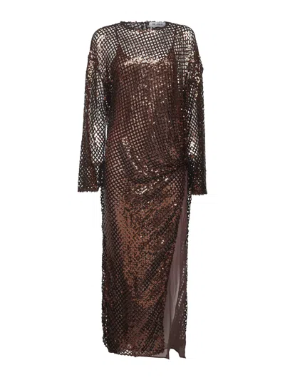 Attico Brown Sequin Net Knit Midi Dress