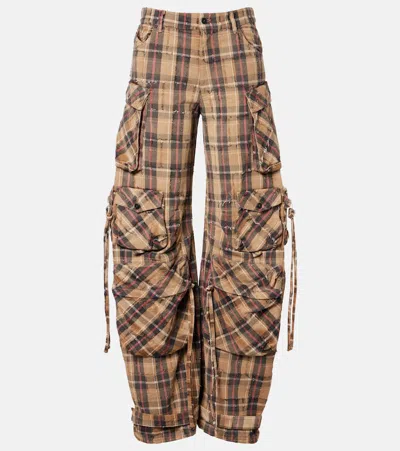 Attico Checked Cotton Flannel Cargo Pants In Brown