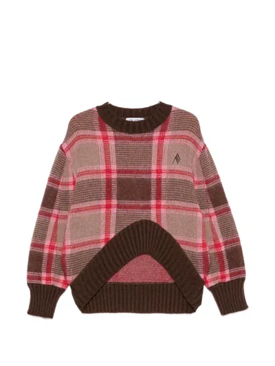 Attico Brown Check Embroidered Logo Jersey Sweater In Multi