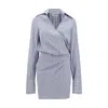 Attico Mini Striped Dress With V-neck, Long Sleeves, White And Navy Blue Cotton, Tied Waist