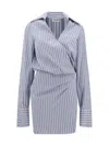 Attico Mini Striped Dress With V-neck, Long Sleeves, White And Navy Blue Cotton, Tied Waist In White/blue